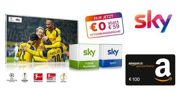 Sky Starter + 1 Paket für 19,99€ mtl. (oder 2 Pakete für 24,99€ mtl.) + 100€ Amazon.de Gutschein* + 0€ Aktivierungsgebühr