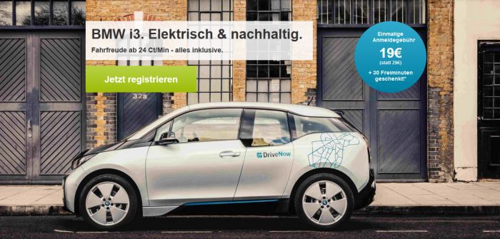 Drive Now   für Neukunden inkl. 30 Freiminuten für 19€ (statt 29€) 