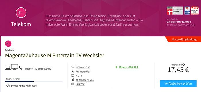 Telekom MagentaZuhause M Entertain TV ab effektiv 17,45€ mtl.