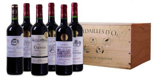 6 Flaschen prämierter Bordeaux Superieur Wein in Holzkiste für 38,94€   alle Weine mit Gold prämiert!