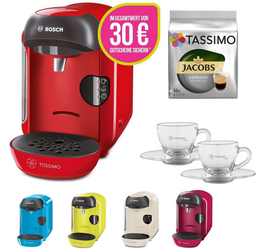 TASSIMO ViVY Maschine + 2 WMF Espresso Gläser + Jacobs Ristretto Kapseln + 30€ Gutschein für 29,99€