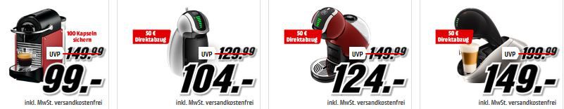 Media Markt Tiefpreisspätschicht mit Kaffemaschinen und Dolce Gusto Kapseln ab 3,99€