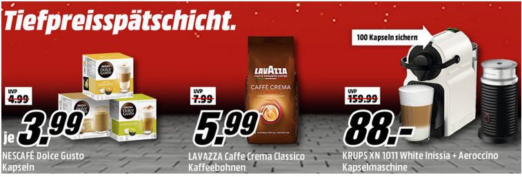 Media Markt Tiefpreisspätschicht mit Kaffemaschinen und Dolce Gusto Kapseln ab 3,99€
