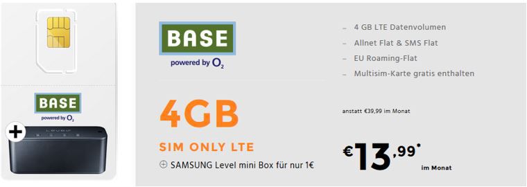 Base Allnet Flat mit 4GB LTE für 13,99€ mtl. + Samsung Level mini Lautsprecher für 1€ (statt 50€)