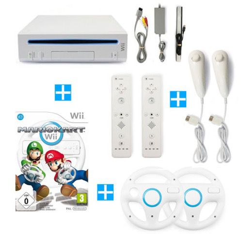 Nintendo Wii + Mario Kart + 2 Remotes + 2 Nunchuks + 2 Lenkräder für 79,99€