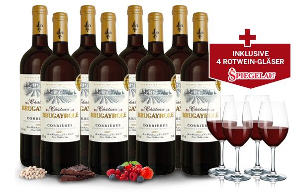 8 Fl. des mehrfach goldprämierten Château Brugayrole + 4 Spiegelau Gläser für 39,90€