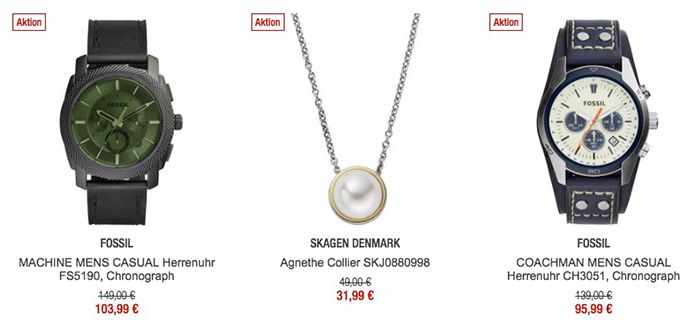 20% auf ausgewählte Uhren & Schmuck   z.B. Fossil Herrenuhr für 88€ (statt 110€)