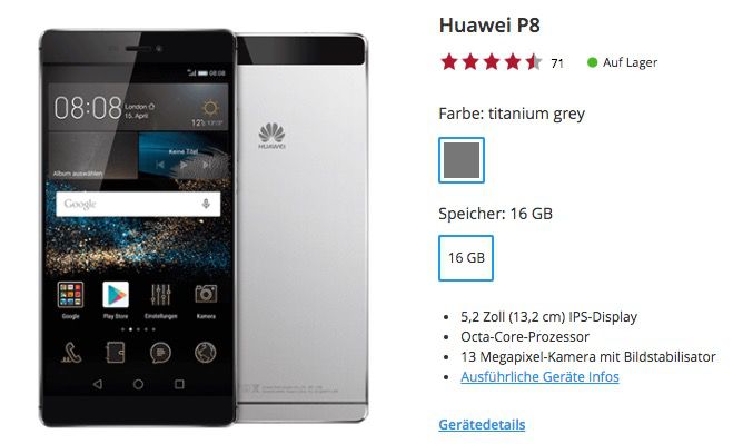 Huawei P8 für 49€ (statt 244€) + o2 Tarif mit 50 Min/SMS + 1GB LTE für 9,99€ mtl.