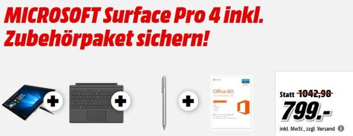 Microsoft  Surface Pro 4 Tablet + Office 365 + TypeCover für 799€