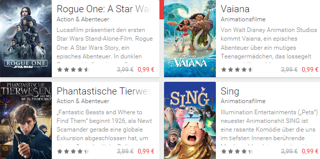 3 Leihfilme für je 0,99€ im Google Play Store