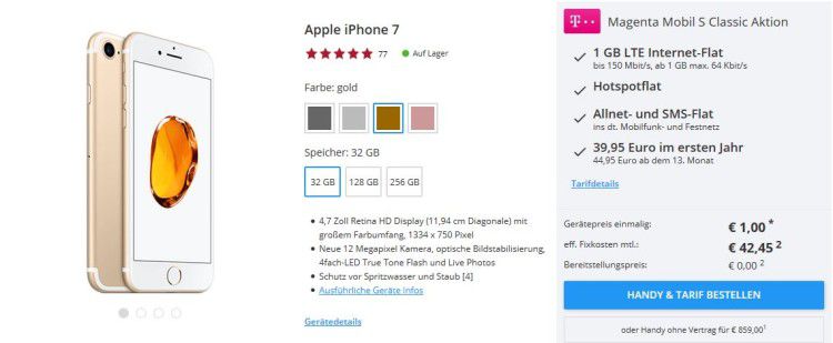 iPhone 7 nur 1€ (statt 649€) + Telekom Magenta Mobil S mit 1 GB und All Net Flatrate für 42,45€ mtl.