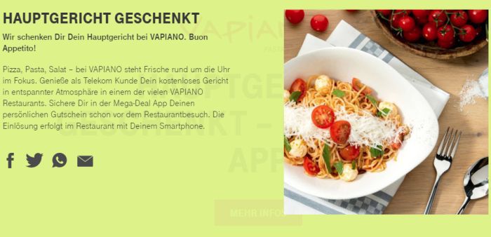 Gratis Hauptgericht bei Vapiano (nur für Telekom Kunden)