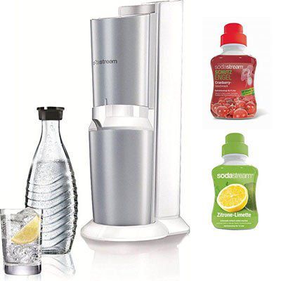 Sodastream Crystal Premium Wassersprudler + Glaskaraffe + 60L Zylinder + 2x Sirup für 84,90€ (statt 152€?)