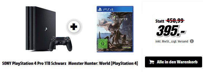 Media Markt gönn Dir Dienstag mit Gaming Deals   z.B. PS4 Pro 1TB Schwarz + Monster Hunter World für 395€ (statt 430€)