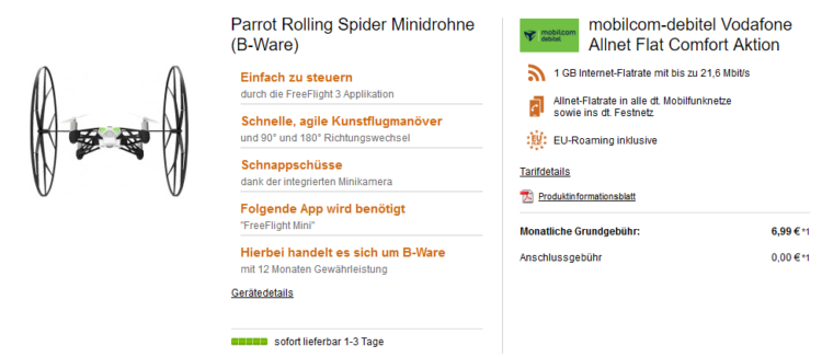 Vodafone Comfort Allnet Flat mit 1GB + Mini Drohne (B Ware) für 6,99€ mtl.