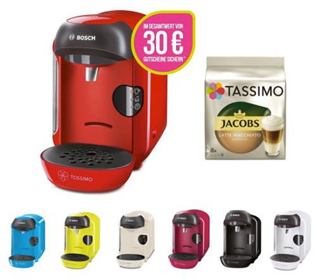 BOSCH TASSIMO VIVY 2015 Maschine + 30€ Tassimo Gutschein + 1 Packung TDiscs für 29,99€