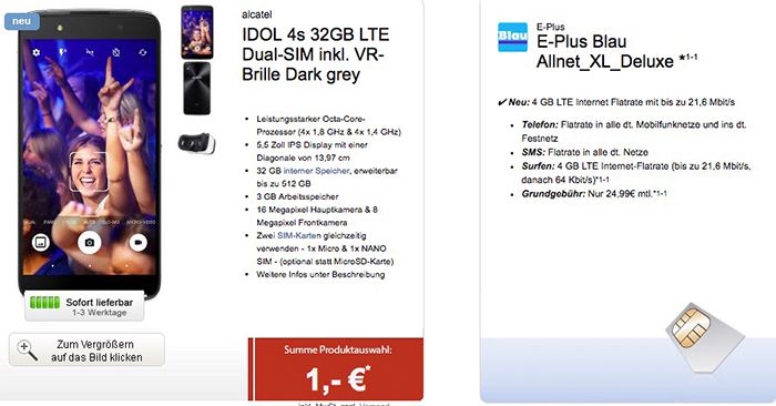 E Plus Allnet Flat + 4GB LTE + IDOL 4s Smartphone + VR Brille für 24,99€ mtl.