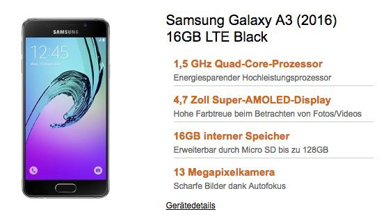 o2 Smart Surf mit 1GB LTE + Samsung Galaxy A3 (2016) für 9,99€ mtl.