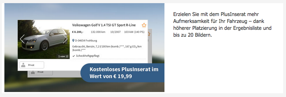 Kostenloses Plus Inserat bei Autoscout24.de