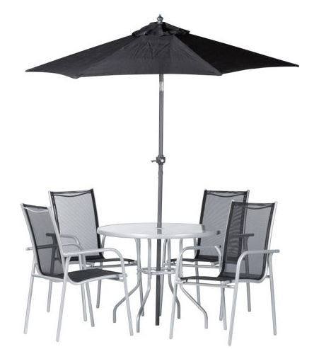 Schnell! Gartenset: 4 Stühle + Tisch + Sonnenschirm für 69,90€