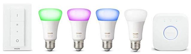 Philips Hue   4 x 10W E27 LED Leuchten im Starter Kit inkl. hue Bridge +  Dimmer für 130,72€