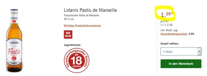 nur Lidanis Ausverkauft: (0,5l) Pastis 1,78€ Marseille de ab