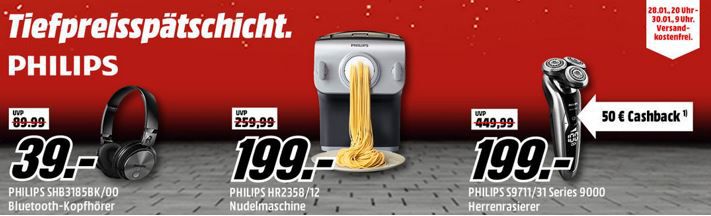 Media Markt Philips Tiefpreisspätschicht   u.a. PHILIPS Nudelmaschinen Set für 199€