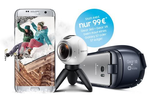 Samsung S7 + Vodafone Junge Leute mit Allnet + SMS Flat + 6 GB LTE nur 30,59€ mtl. + Gear 360 Kamera + Gear VR für 99€