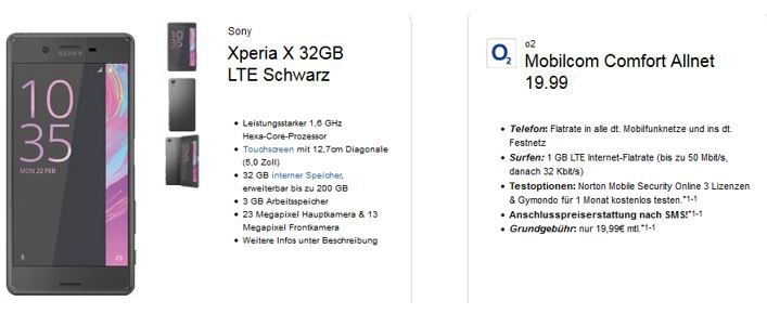 Sony Xperia X 32GB LTE + O2 Comfort Allnet + 1GB Daten LTE Flat für 19,99€ mtl.
