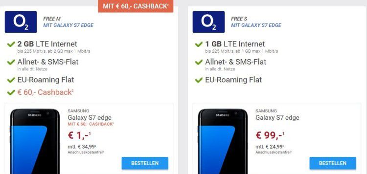 Samsung Galaxy S7 Edge nur 1€ + o2 Free M Allnet mit 2GB LTE + unbegrenzt Datenvolumen ab eff. 27,53€ mtl.