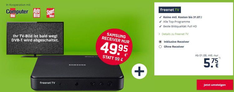 freenet TV (DVB T2) + Samsung Receiver (einmalig 49,95€) für 5,75€ mtl.   kostenlos bis zum 31.07.2017