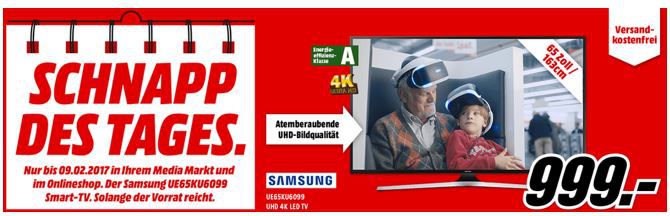 SAMSUNG UE65KU6099   65 Zoll UHD SMART TV statt 1.335€ für 999€