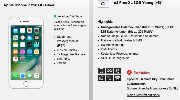 iPhone 7 256GB für 1€ + o2 Free XL 8GB LTE Young für 54,99€ mtl. + gratis 6 Monate Sky Ticket