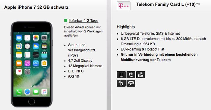 Nur noch wenige! iPhone 7 ab 1€ + Telekom Family Card mit Allnet Flat + bis zu 6GB LTE ab 29,95€ mtl.