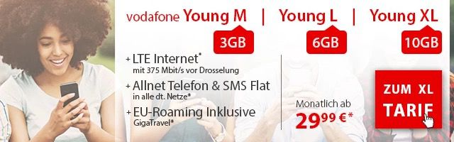 Vodafone Young LTE Tarife ab 29,99€ mtl. mit 100€ Startguthaben + iPhones ab 1€