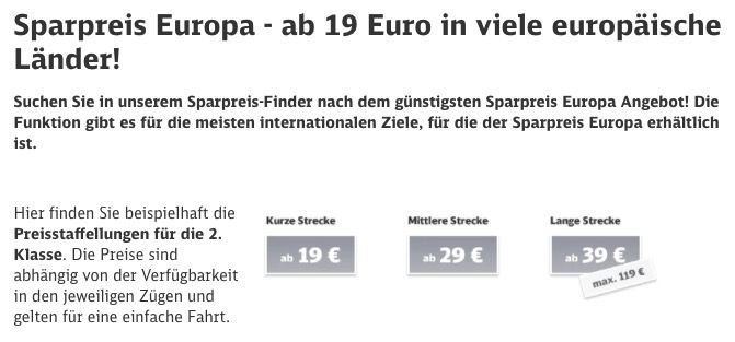 Europa Sparpreise bei der Deutschen Bahn   ab 19€ in viele europäische Länder