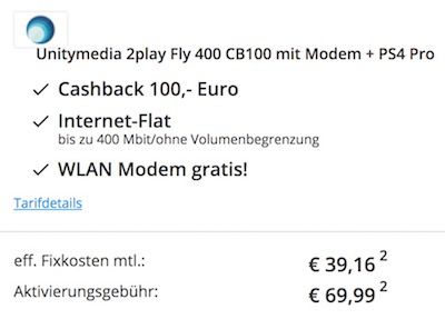 Unitymedia 2play Fly 400 + Playstation 4 Pro für effektiv 39,16€