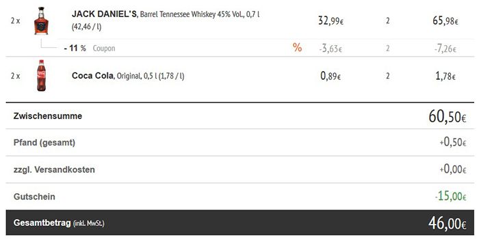 2 Flaschen Jack Daniels Single Barrel 0,7l 45% für 46€ (statt 66€)