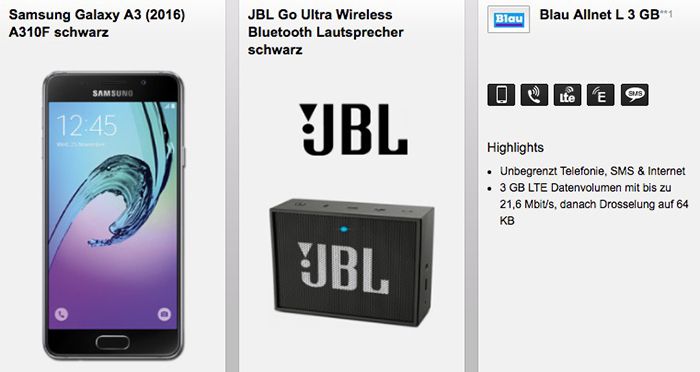 Samsung Galaxy A3 (2016) + JBL Go Ultra Lautsprecher für 1€ + Blau Allnet  & SMS Flat + 3GB LTE für 14,99€ mtl.