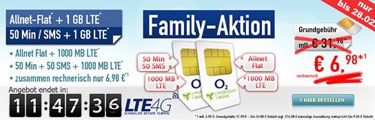 Nur heute! o2 Family Aktion (2 Simkarten) mit Allnet Flat & 1GB LTE + 50 Min/SMS & 1GB LTE für 6,98€ mtl.