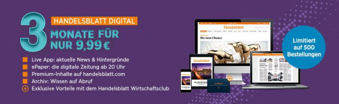 3 Monate Handelsblatt Digital für 9,99€ (statt 104€)