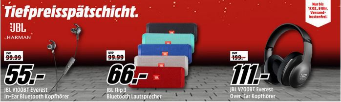 Media Markt JBL! Tiefpreisspätschicht   u.a. JBL Flip 3 Bluetooth Lautsprecher statt 80€ für 66€