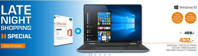 ACER Spin 1   13.3 Zoll Convertible mit 128 GB Speicher und 4 GB RAM für 432€