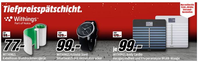 Media Markt WITHINGS Tiefpreisspätschicht   z.B. WITHINGS WBS04 Body Cardio, Personenwaage statt 165€ für 99€