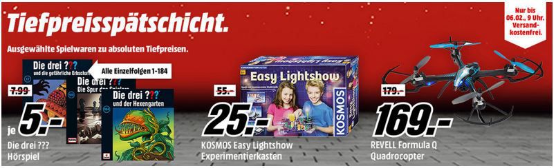 Media Markt Spielwaren Tiefpreisspätschicht   z.B. Drohnen ab 16€   Hörpiele die drei ??? für je 5€