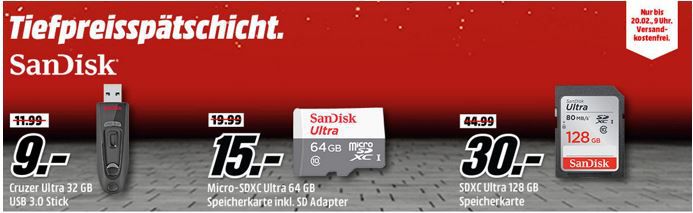 Media Markt SanDisk Tiefpreisspätschicht   u.a. SanDisk Ultra 128GB SDXC Speicherkarte  für 30€