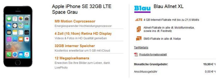 iPhone SE 32GB + Blau.de (o2) AllNet + SMS Flat + 4GB für 19,99€ mtl.