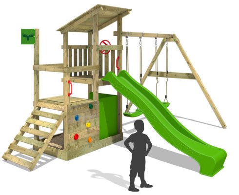 Fatmoose XXL Holz Spielturm mit Kletternwand, Rutsche und Schaukel für 299€ (statt 400€)