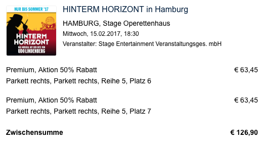 2 Musical Tickets in Hamburg zum Preis von Einem   Ich war noch niemals in New York oder Hinterm Horizont