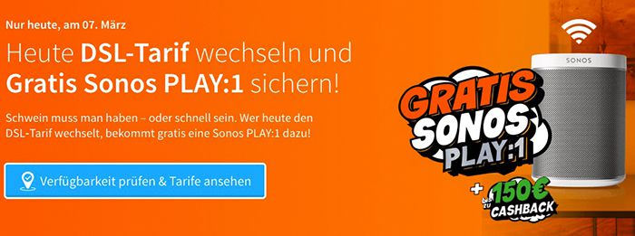 Nur heute! Gratis Sonos Play:1 für alle DSL Wechsler   z.B.  Unitymedia 2play Jump 120 ab eff. 9,58€ mtl.
